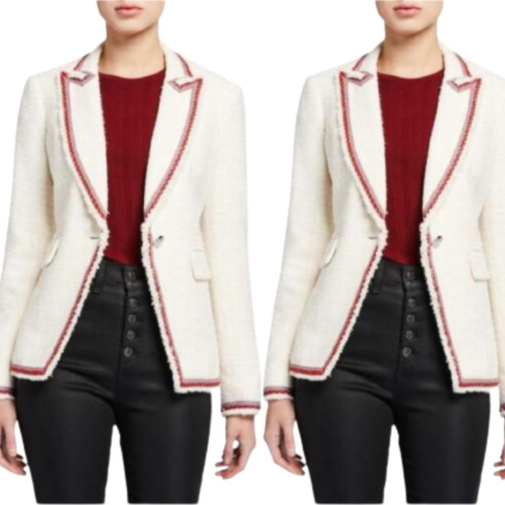 Veronica Beard Cutaway Dickey Jacket Ivory Tweed Contrast Trim Notched Lapel